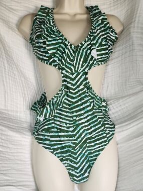 aerie Size XL Women's Green White Striped Ruffle Cutout One-Piece Swimsuit